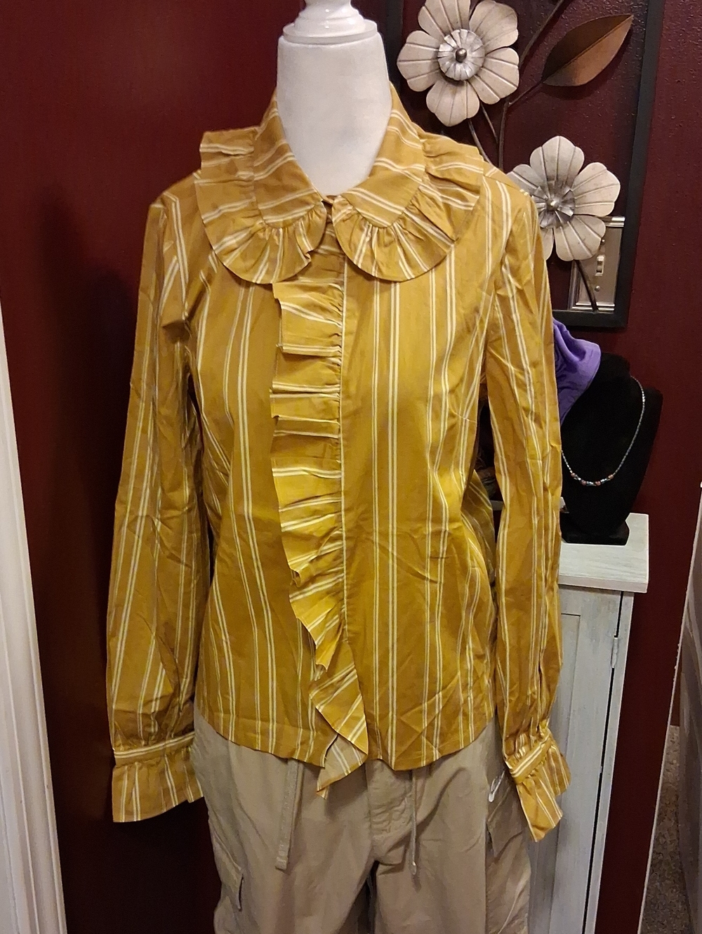 Ruffled Gold And QhitwStripe Long-Sleeve Blouse